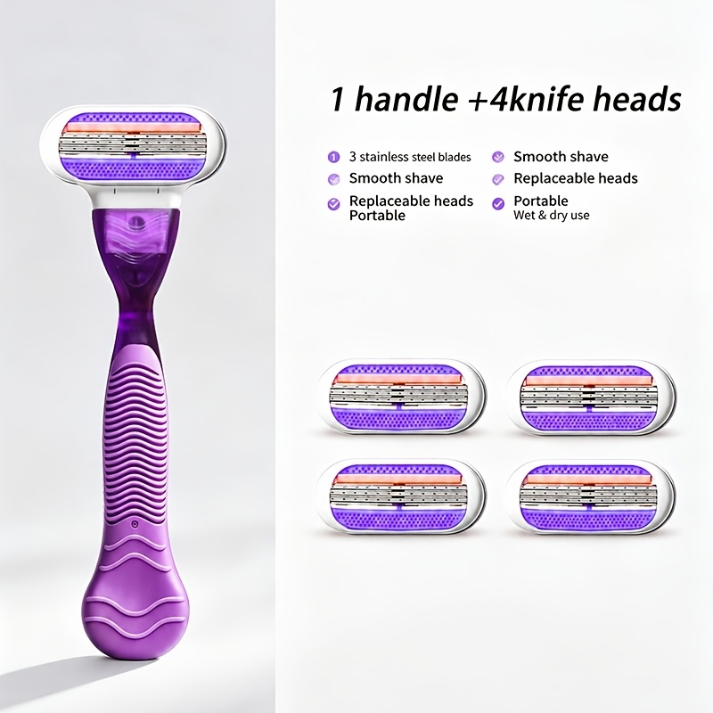 TEMU Ladies' Manual Hair Removal Razor Set: 1 Unit With Non-slip Handle, 4 Replacement Heads With Lubricating Strips, Floating Head For Dry And Wet