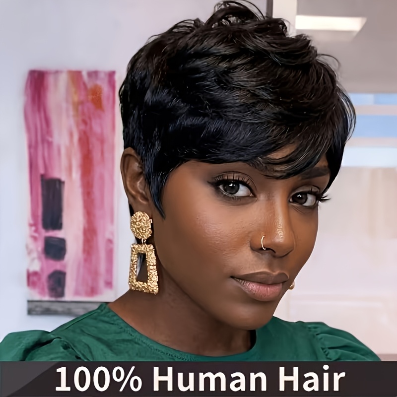 TEMU Cut Wigs Made Of Human Hair For Women - 150% Density Brazilian Real Human Hair Short Layered Wig With Bangs For Daily And Cosplay Use