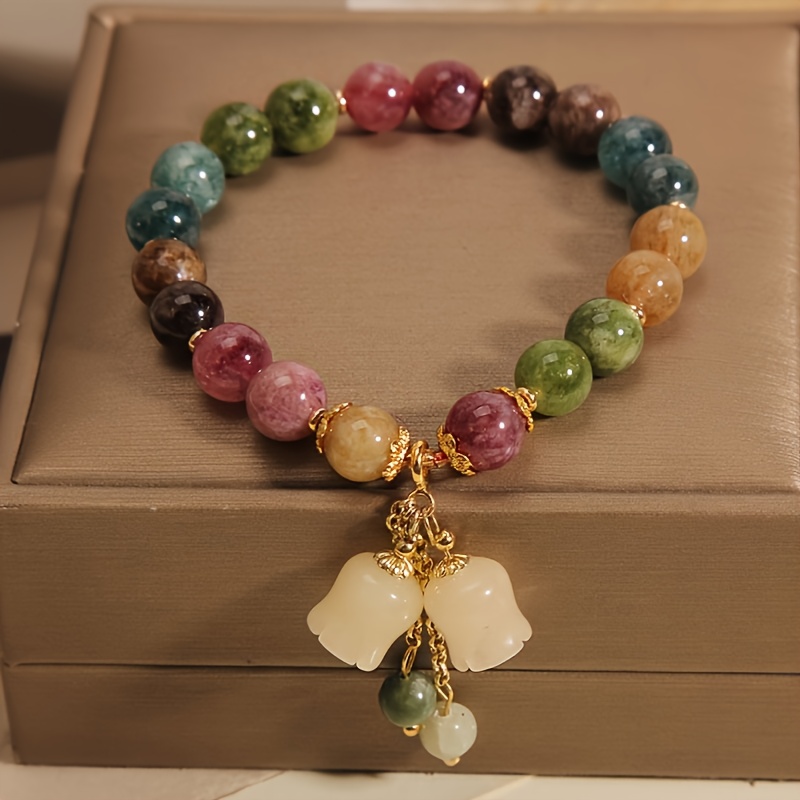 Multicolor Natural Stone Bead Bracelet with Floral Pendant