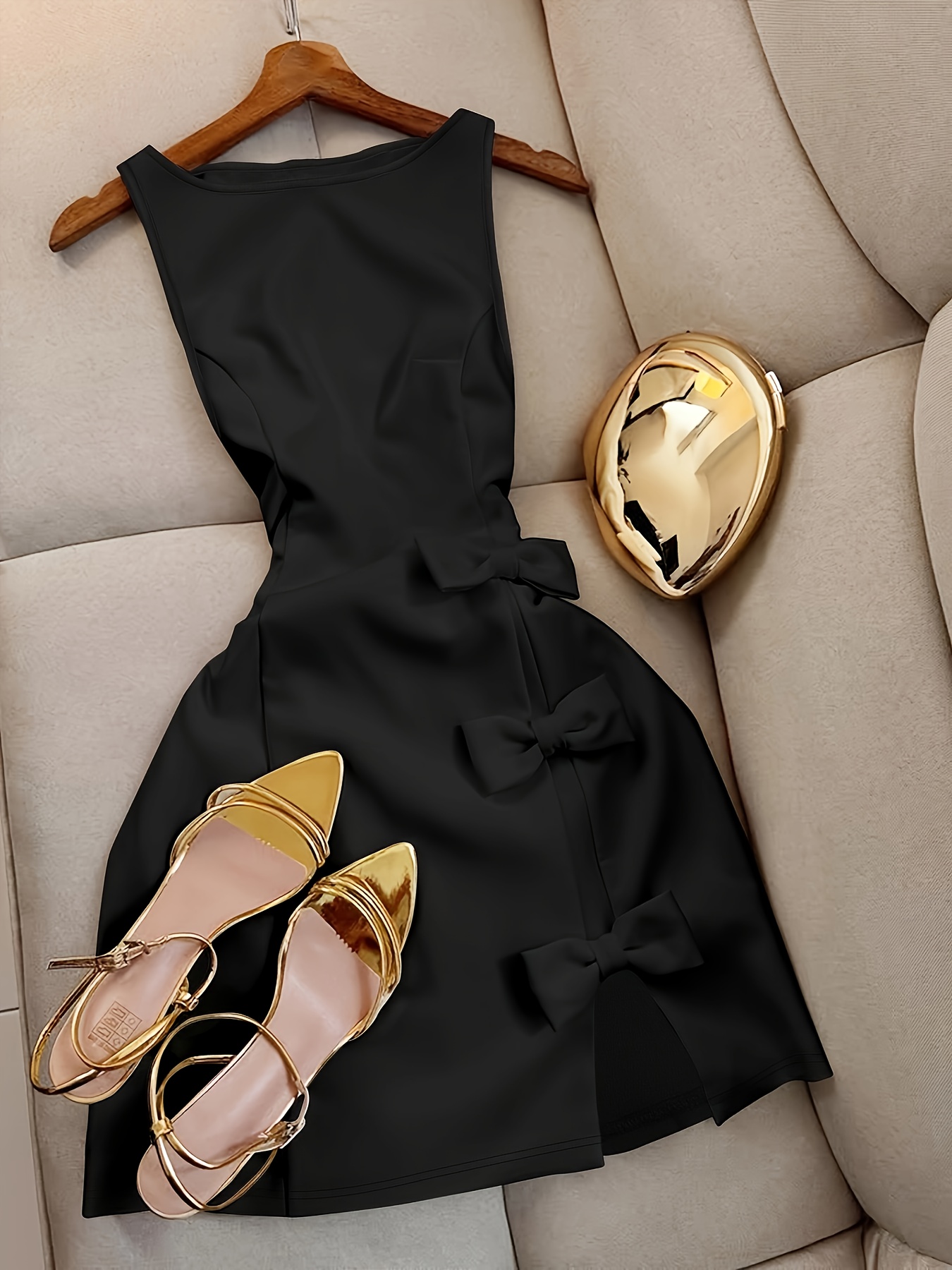 AAA Women'* Fashion Versatile Sleeveless *-Fit Short Dress with Slit Hem  and Bow Decoration