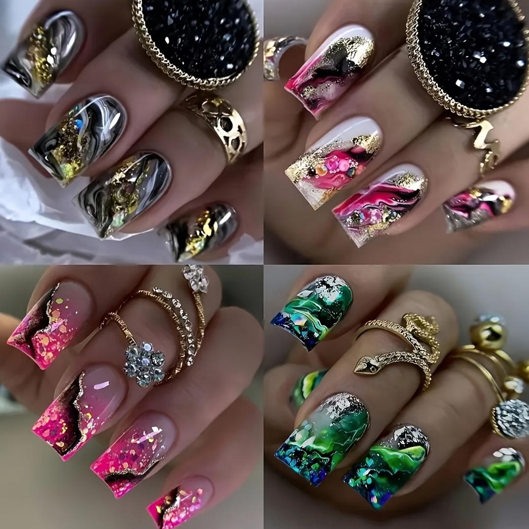 TEMU 96pcs Handmade Press-on Nails Suitable For Women - 96pcs Ombre Dark Style False Nails With Striped & Ombre Designs, Medium-length Square Glossy
