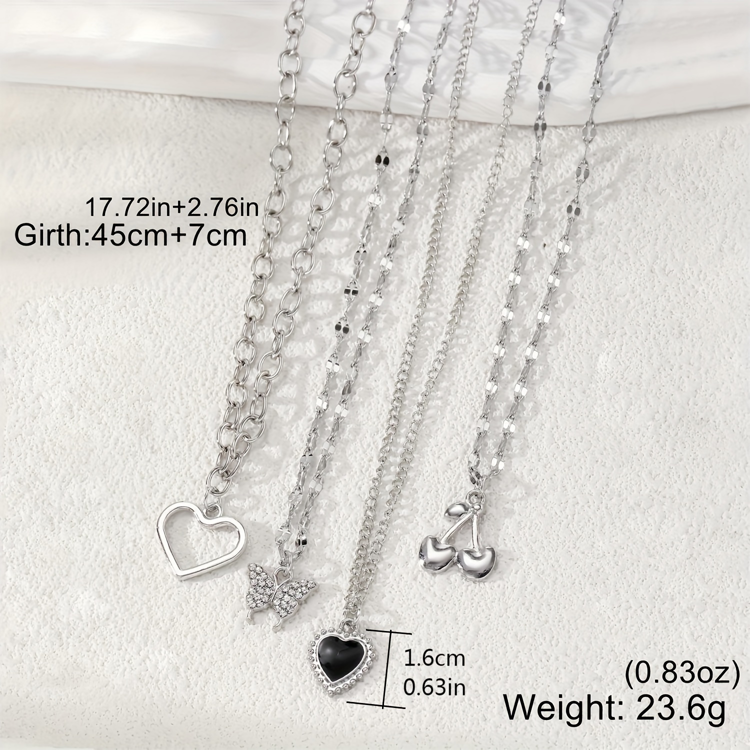 4pcs Elegant Shiny Rhinestone Butterfly Heart Pendant Necklace Set, Stylish Silvery Cherry Multi-Layer Layered Necklaces for Women, Trendy Daily Party Accessories