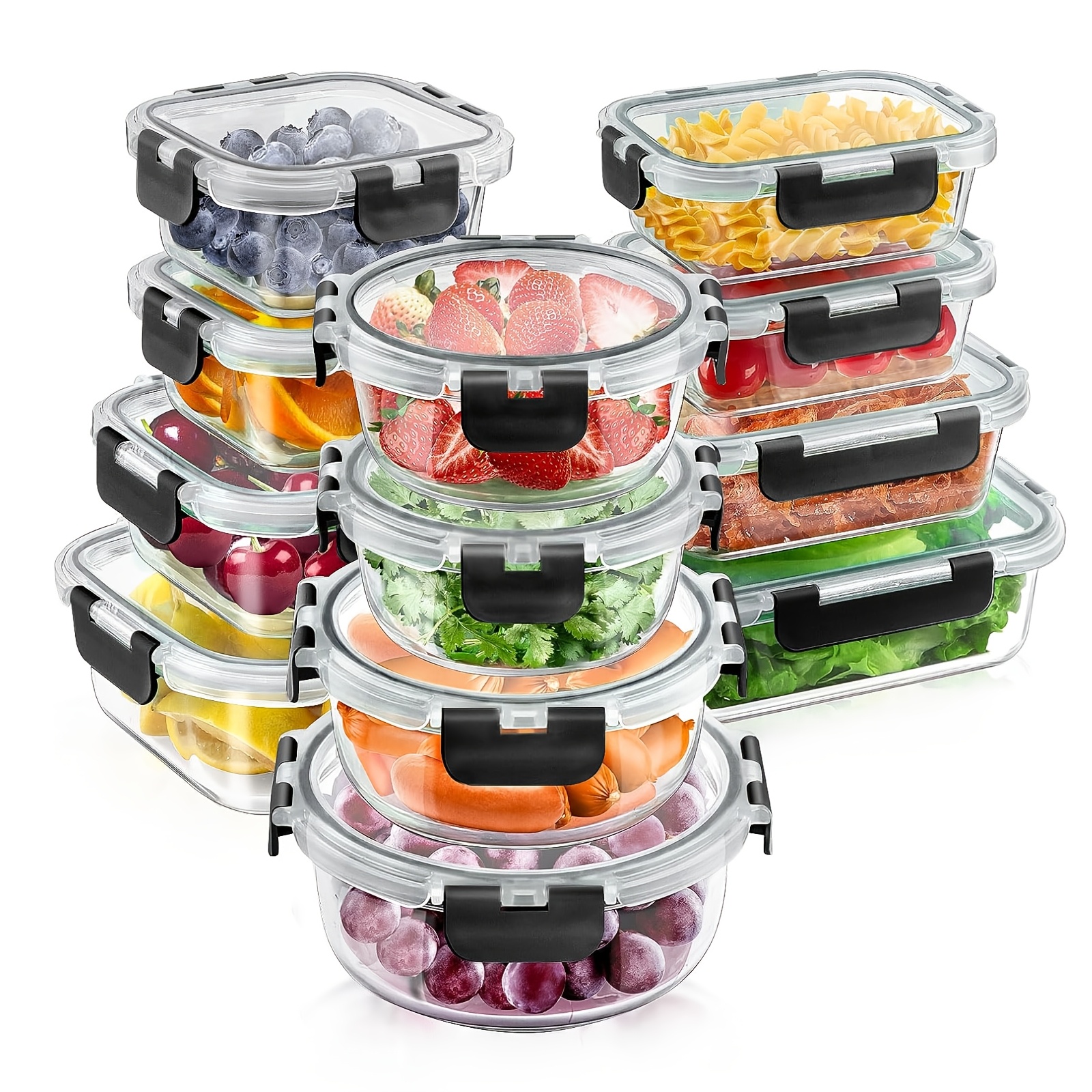 TEMU Juego de 8/12 recipientes de vidrio para almacenar alimentos con tapas, para preparación de comidas, despensa y cocina, para el almuerzo, a
