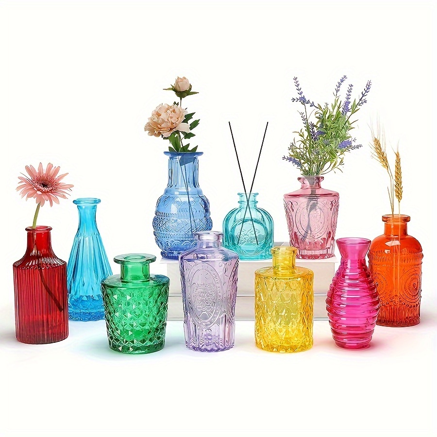 

10pcs Embossed Glass Vase Set - Vintage Style, Assorted Sizes & Shapes For Elegant Wedding Centerpieces, Party Decor & , Battery-free