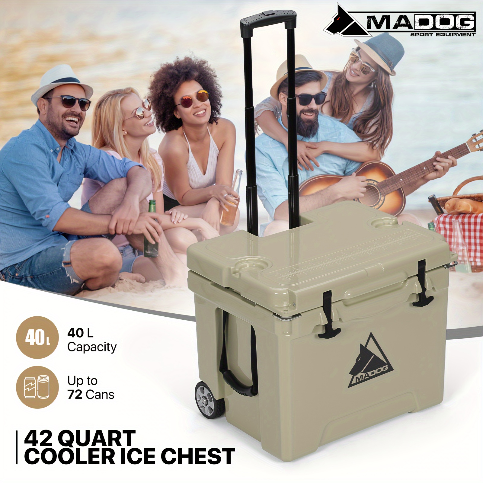 72 Can 42 Quart Towable Ice Chest with Wheels and Cup Holder, Outdoor Picnic Camping Hard Cooler