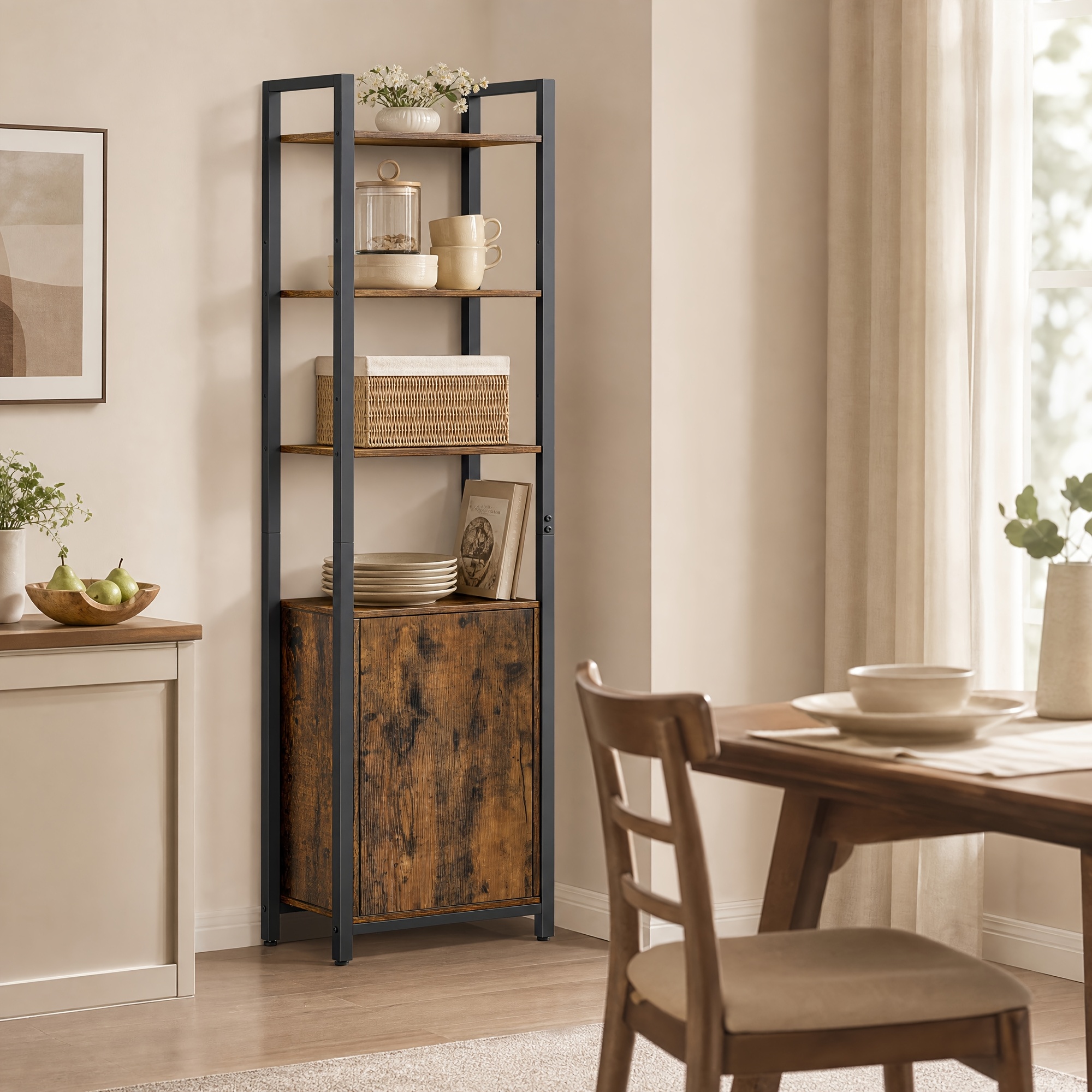 Bookcase, 6-tier Tall Shelving Unit With Door, Living Room Storage, 40 X 24 X 159.5cm, Rustic Brown And Black