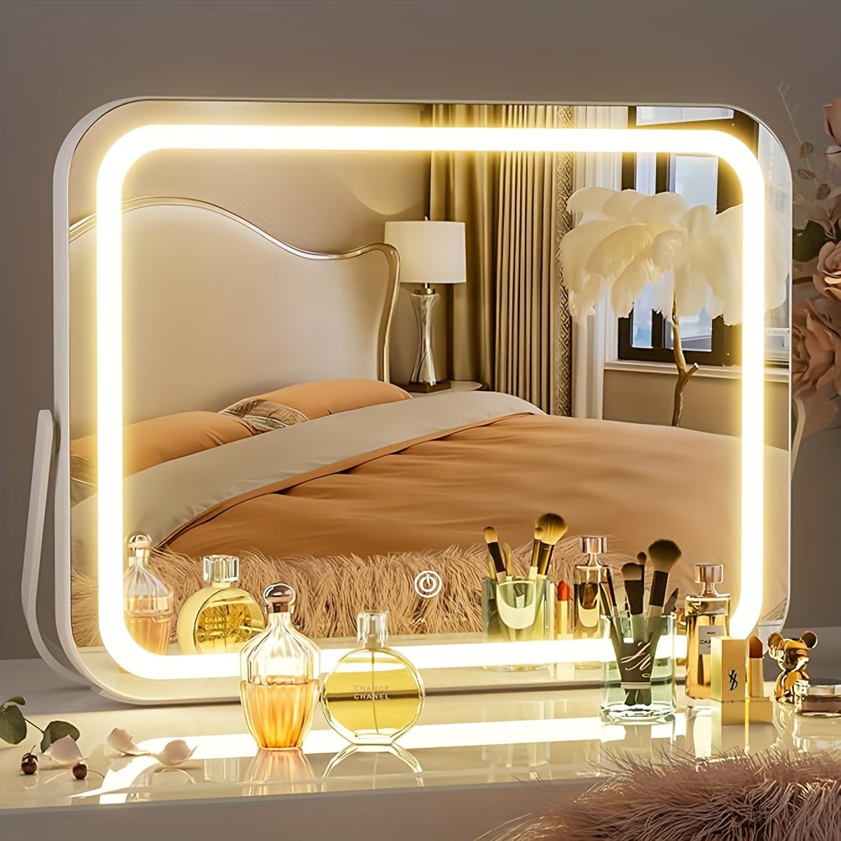 Espejo de tocador con luces, espejo ovalado grande con iluminación de  cristal, espejo de maquillaje de mesa para dormitorio con 3 luces de color