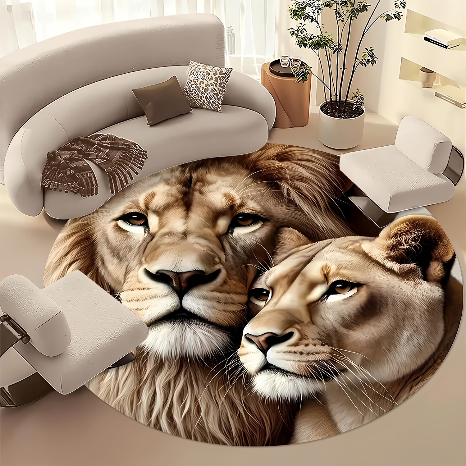 TEMU 1pc, Lion Round Rug - Washable, Suitable For Living Room, Coffee Table, Bedroom, Entryway Doormat, And Dining Room, Round Decoration For Outdoor