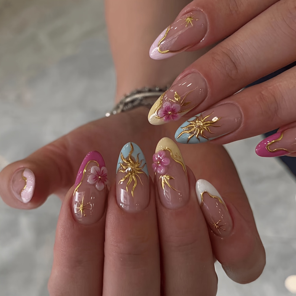 TEMU 24 stuks Vintage Amandel French Press-On Nagels met 3D Zonnestraal Vergulding voor een High-, Glanzende Volledig Bedekkende Verwijderbare Nagel
