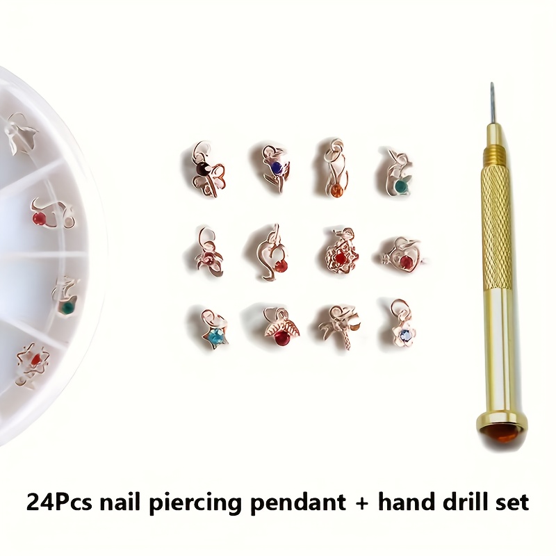 

Lot de 24 pendentifs de perçage d'ongles avec perceuse à main – Kit de décoration d'ongles non parfumé avec breloques assorties et outil de perçage pour la conception de bijoux d'ongles