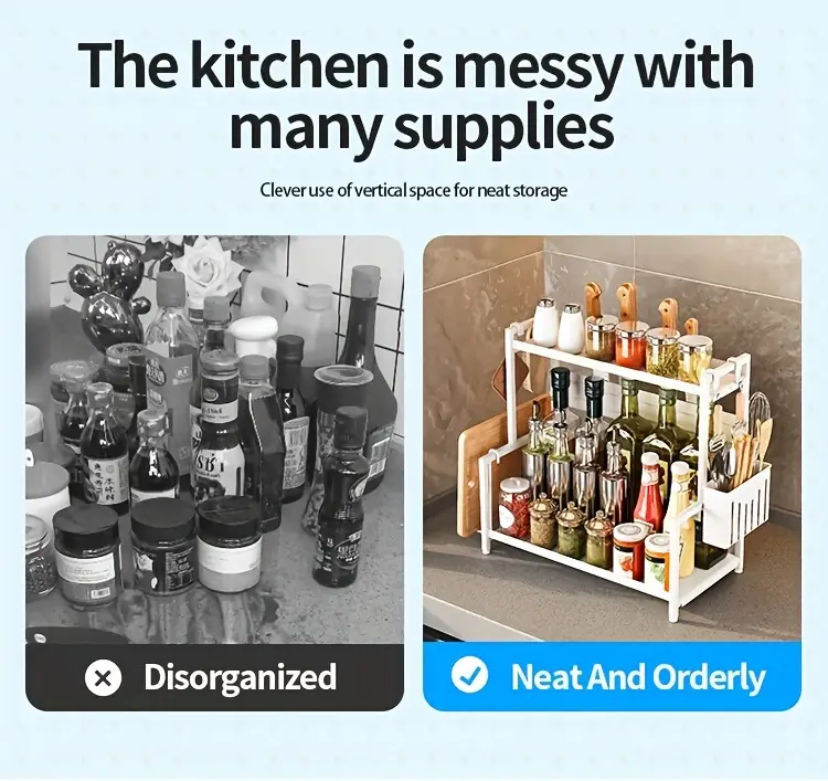 2 tier carbon steel spice rack organizer with utensil holder cutting board storage white metal kitchen countertop organizer for spices knives and cutting tools spices organizers and storage Product details 2