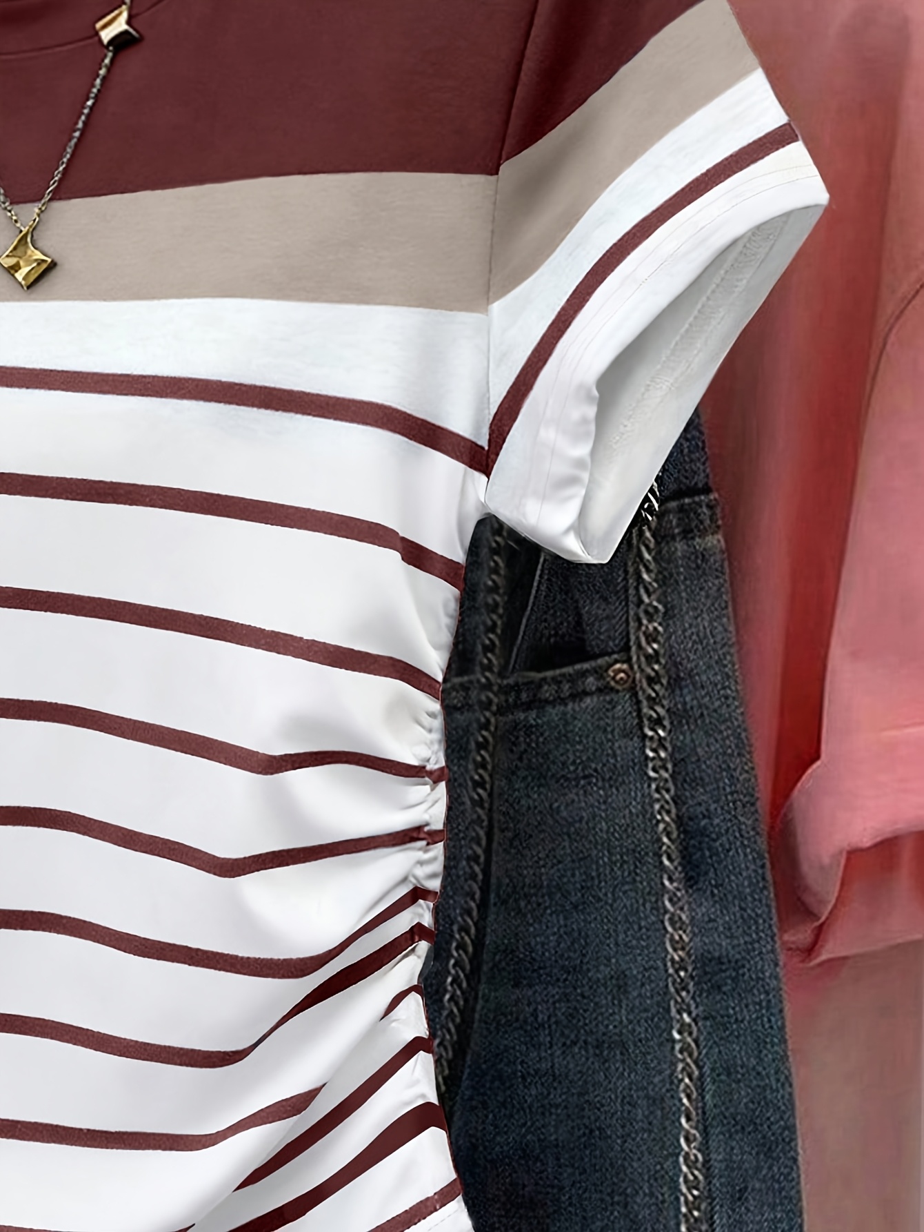 t-shirt court rayé pour femmes,   été, motif numérique, rayures multicolores,   à  , vêtements dextérieur, t-shirt taille   à taille froncée 4
