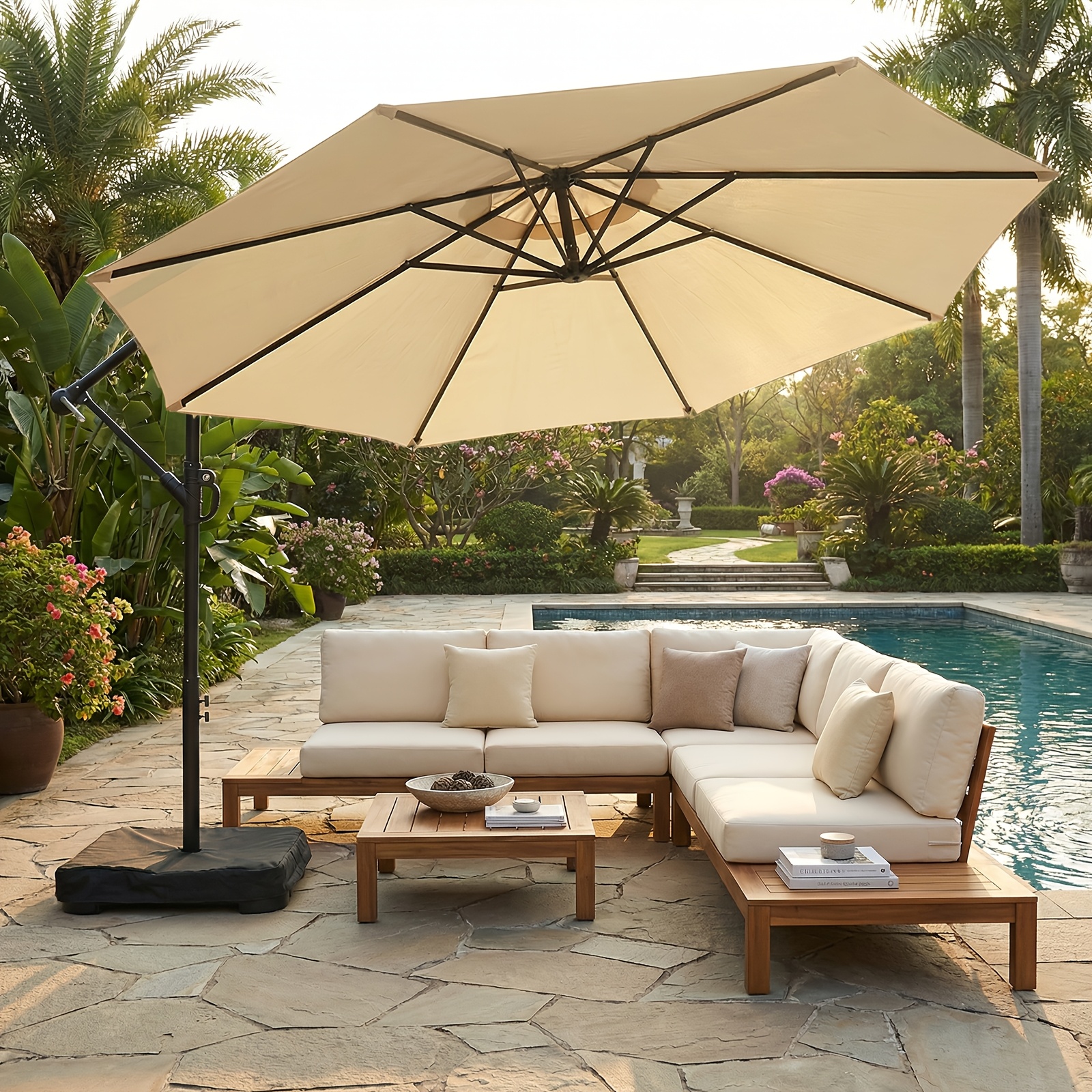 10-Foot Patio Offset Umbrella with a Base, Cantilever Design, Featuring a Crank And Cross Bases, Suitable for Outdoor Use, Heavy-Duty Construction, Includes Push Button Tilt, Perfect for Christmas And Halloween
