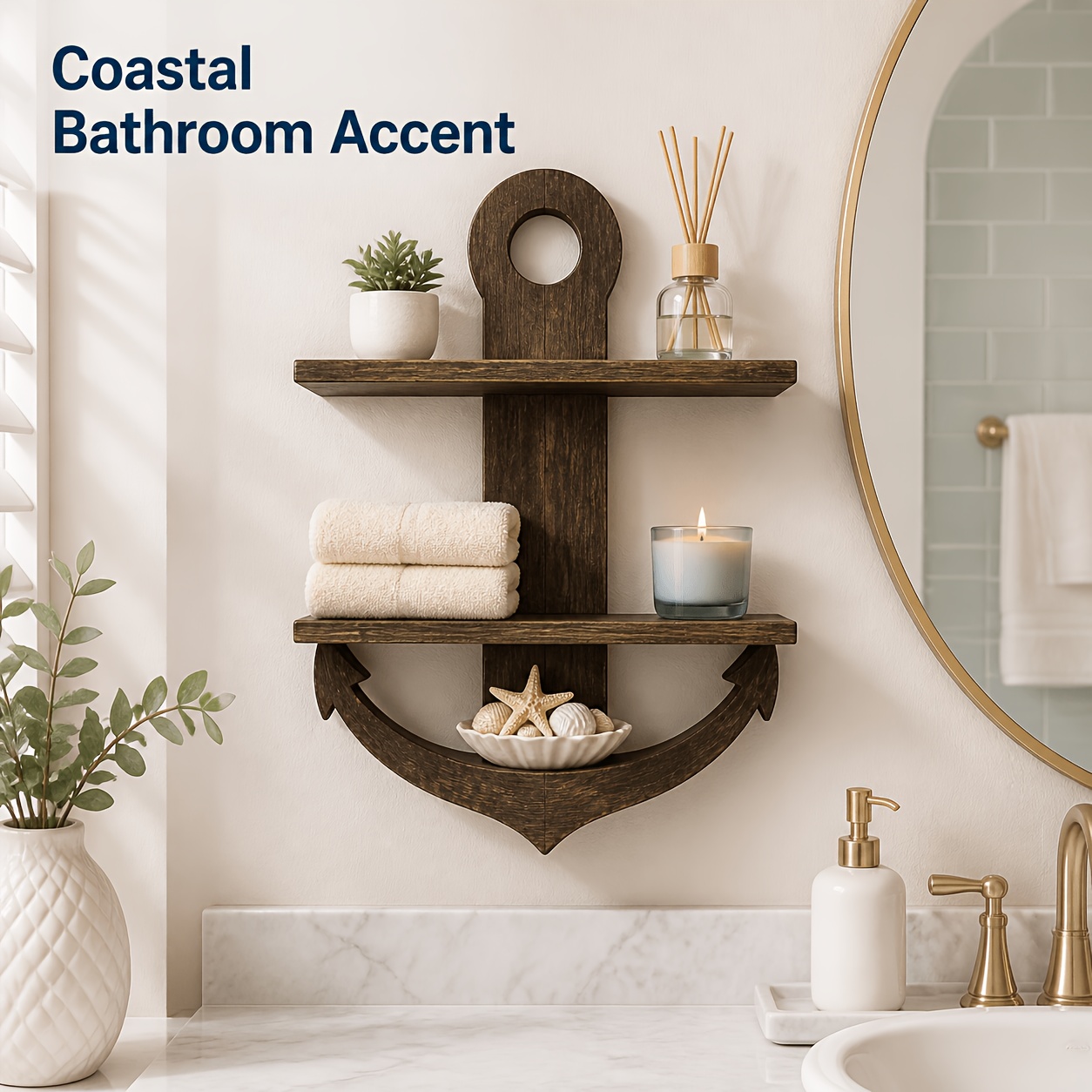 TEMU Anchor-shaped Two-tier Wall Shelf - Solid Wood Nautical Display Shelf With Dark Brown Painted, Rustic Coastal Organizer Suitable For Bathroom,