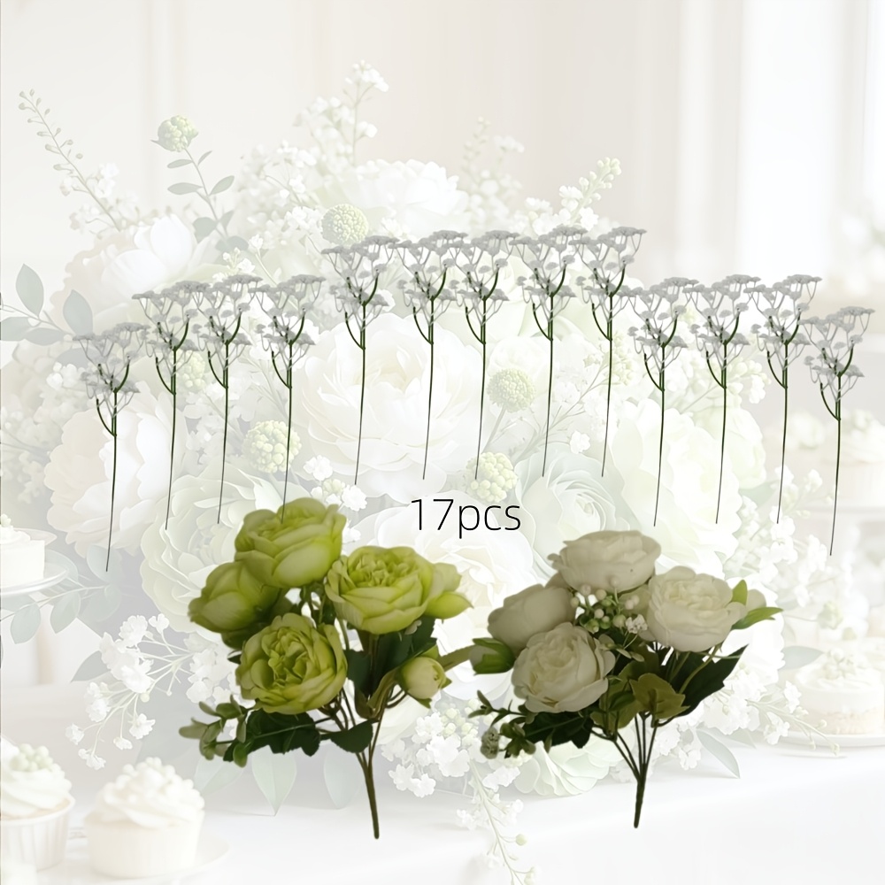 TEMU Bouquet de 17 pièces de haut de gamme et blanches + gypsophile - Bouquet de artificielles multicolores simulées très apprécié - Fleurs au