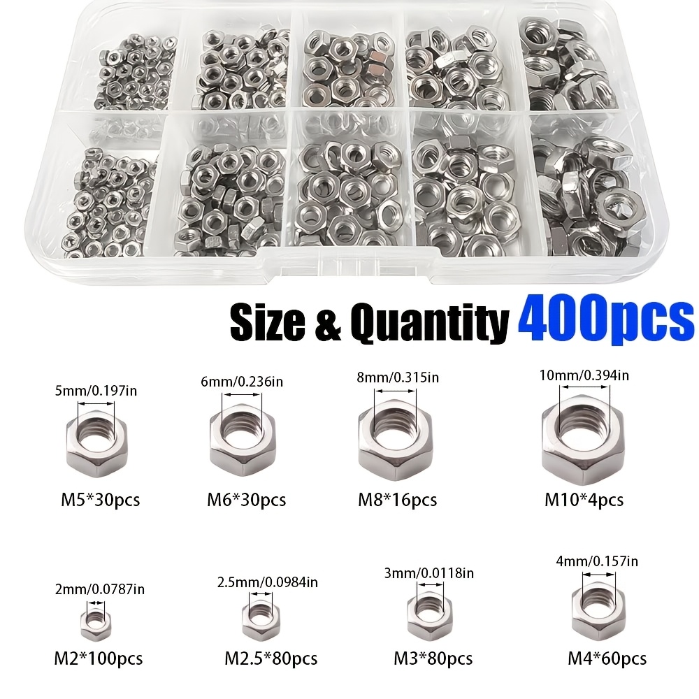 TEMU Set di 400 dadi esagonali (da M2 a M10) | Completo set di bulloni filettati | per riparazioni industriali, domestiche, componenti meccanici e