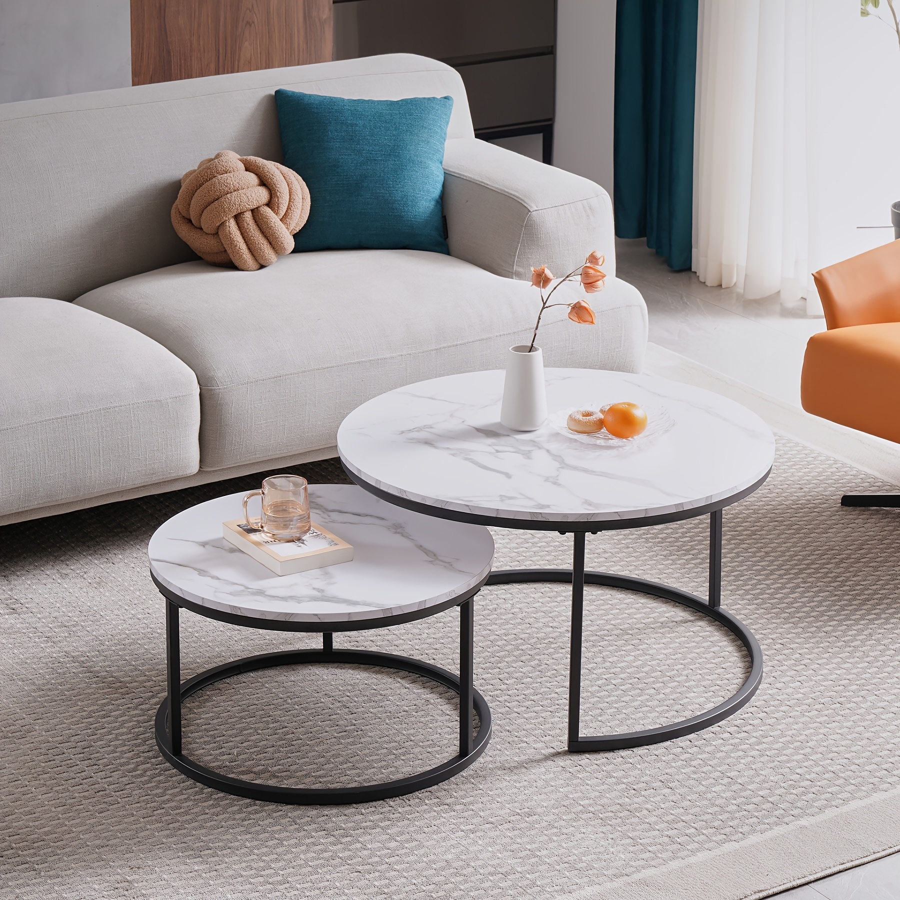 Egoonm Set Of 2 Nesting Coffee Table, Modern Marble-effect Finish Veneer Side Table, Small End Table For Living Room, Bedroom, Office (60*60*45cm+40*40*35cm)