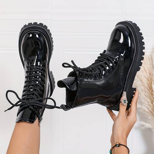 Artikelbild 2025 neue glänzende schwarz-futter damenstiefel mit seitlichem reißverschluss schnürung, -calf knöchelstiefel, damenschuhe