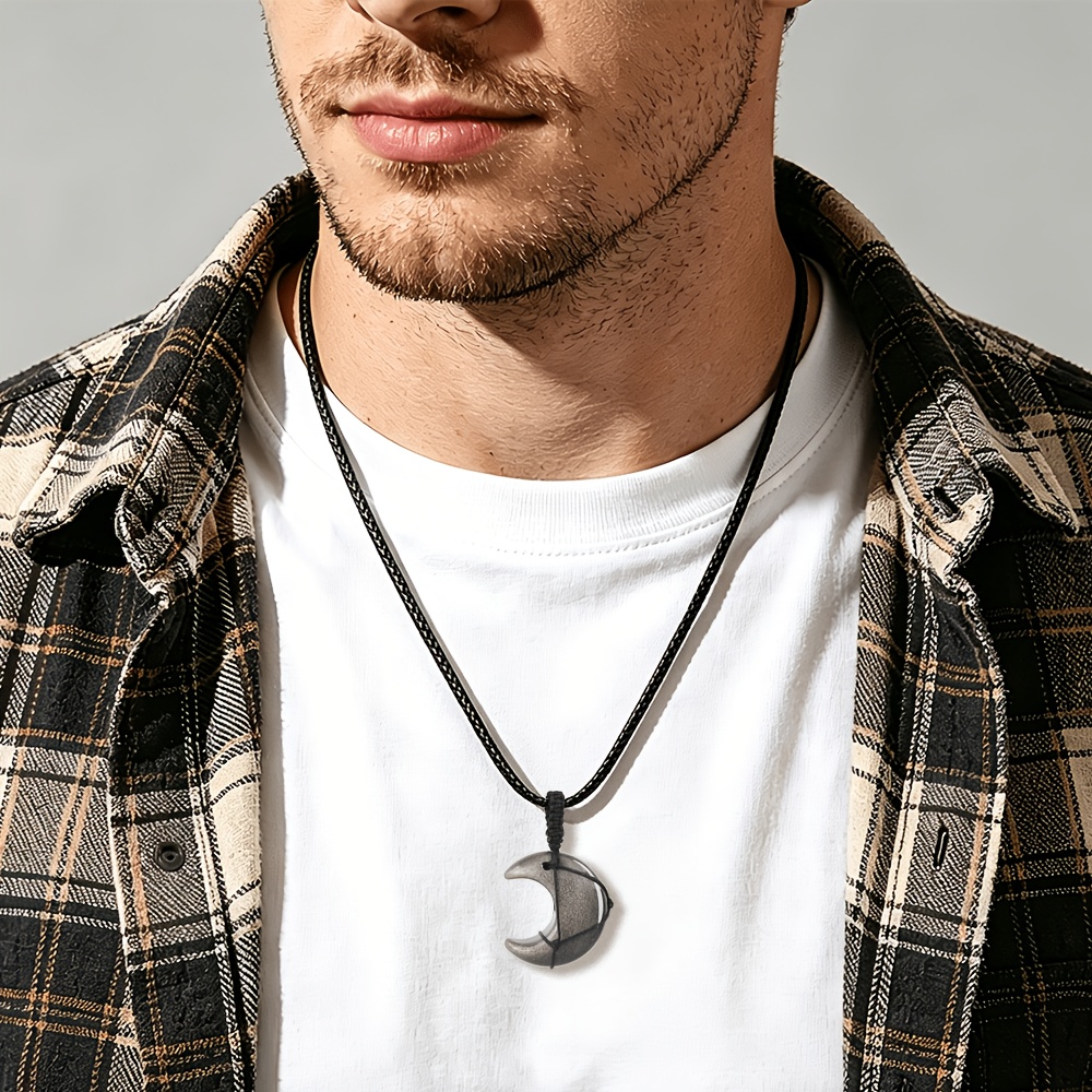 Natural Stone Moon Pendant Necklace, Adjustable Wax Rope