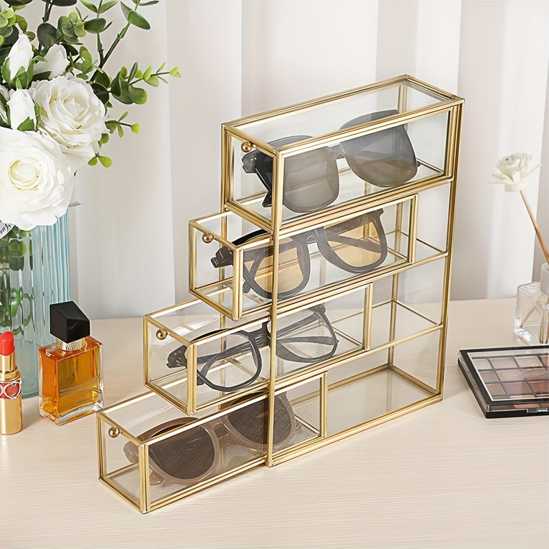 

Vintage Glass Eyeglass Display Case With 4 Drawers - Golden Metal Sunglass Storage Organizer, Transparent Multi-drawer Box For Glasses, Jewelry, And Watches