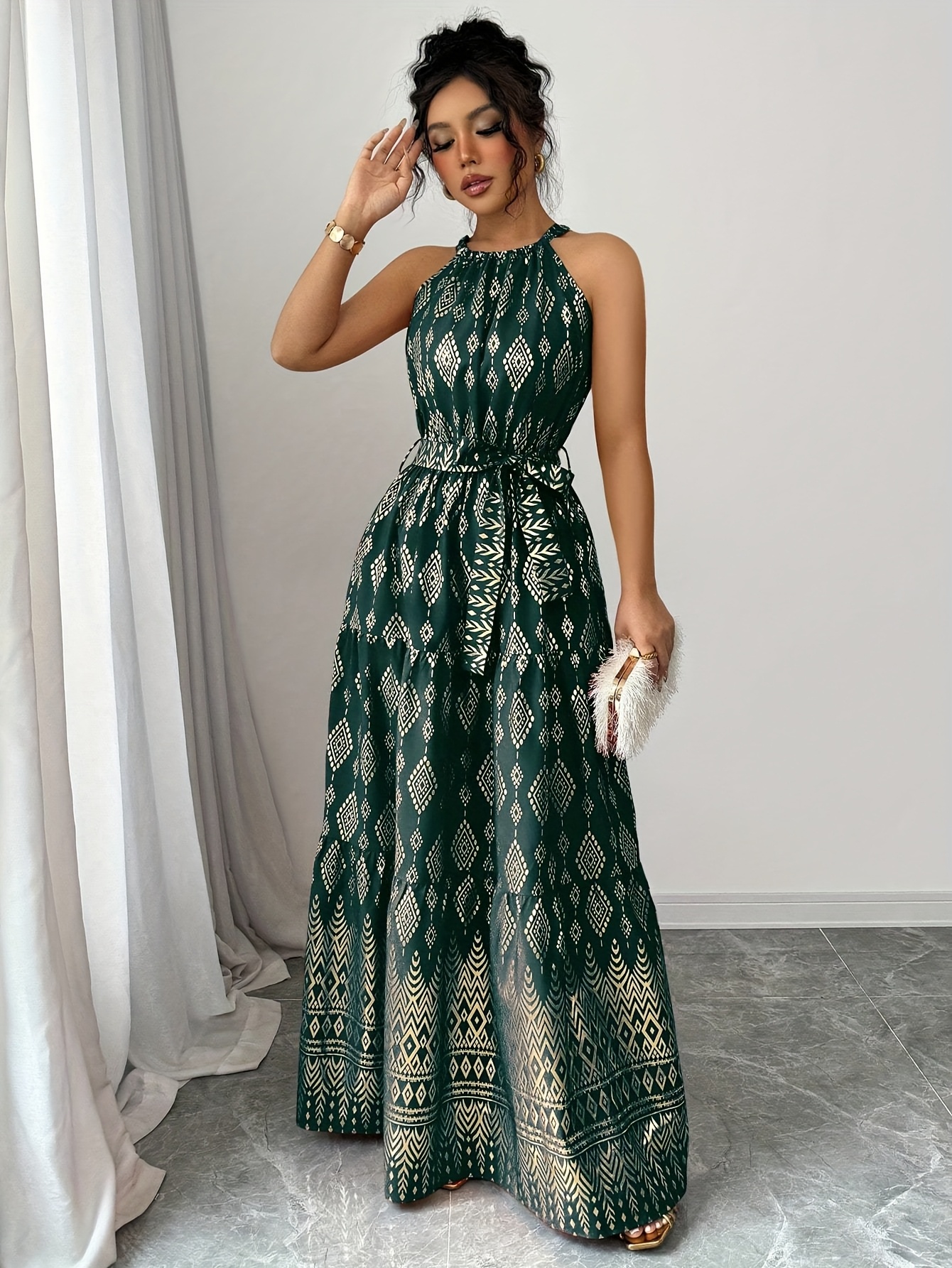 knee length dresses for ladies Summer Floral Tiered Maxi Dress with Halter Neckline