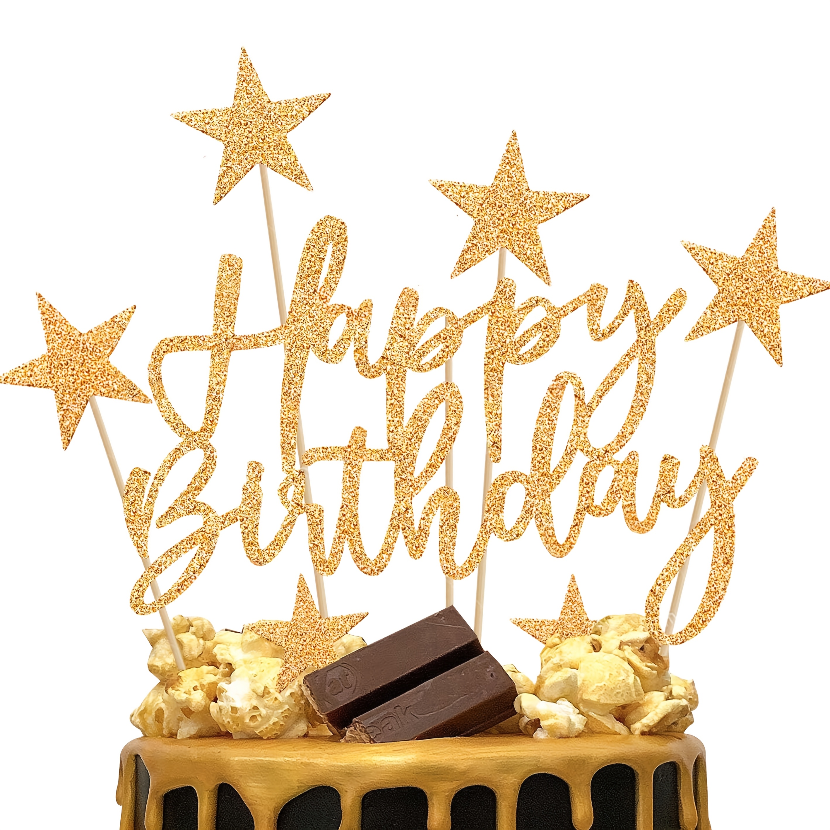 13pcs Happy Birthday Cupcake Toppers, Star Cupcake Toppers Glitter Assembled Cupcake Picks Wedding Shower Birthday Party Cake Decorations Supplies Mixed Size Golden
