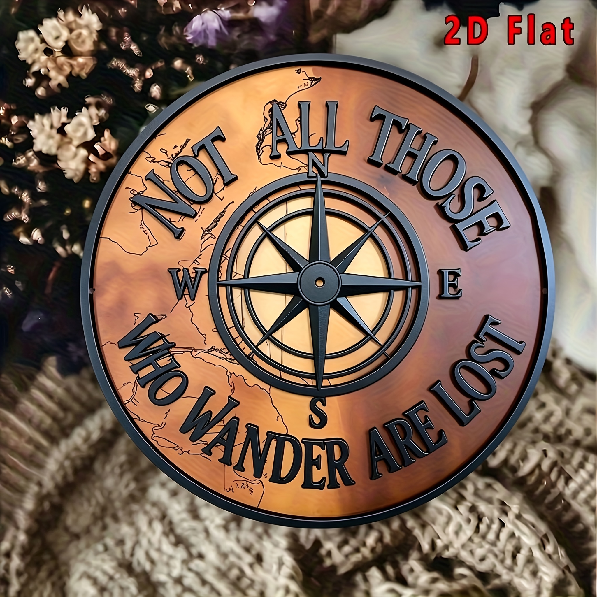TEMU 2d Flat, 1pc Of 20.32x20.32cm 2d Flat Aluminum Wall Decor, Vintage Compass Rose Pattern With "not Are Lost" Quote, Rustic Aluminum Artwork,