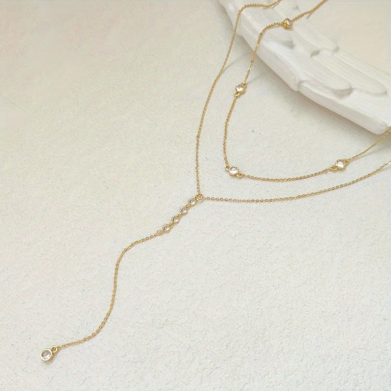 Women's Dainty Long Layered CZ Beaded Bar Chain Necklace