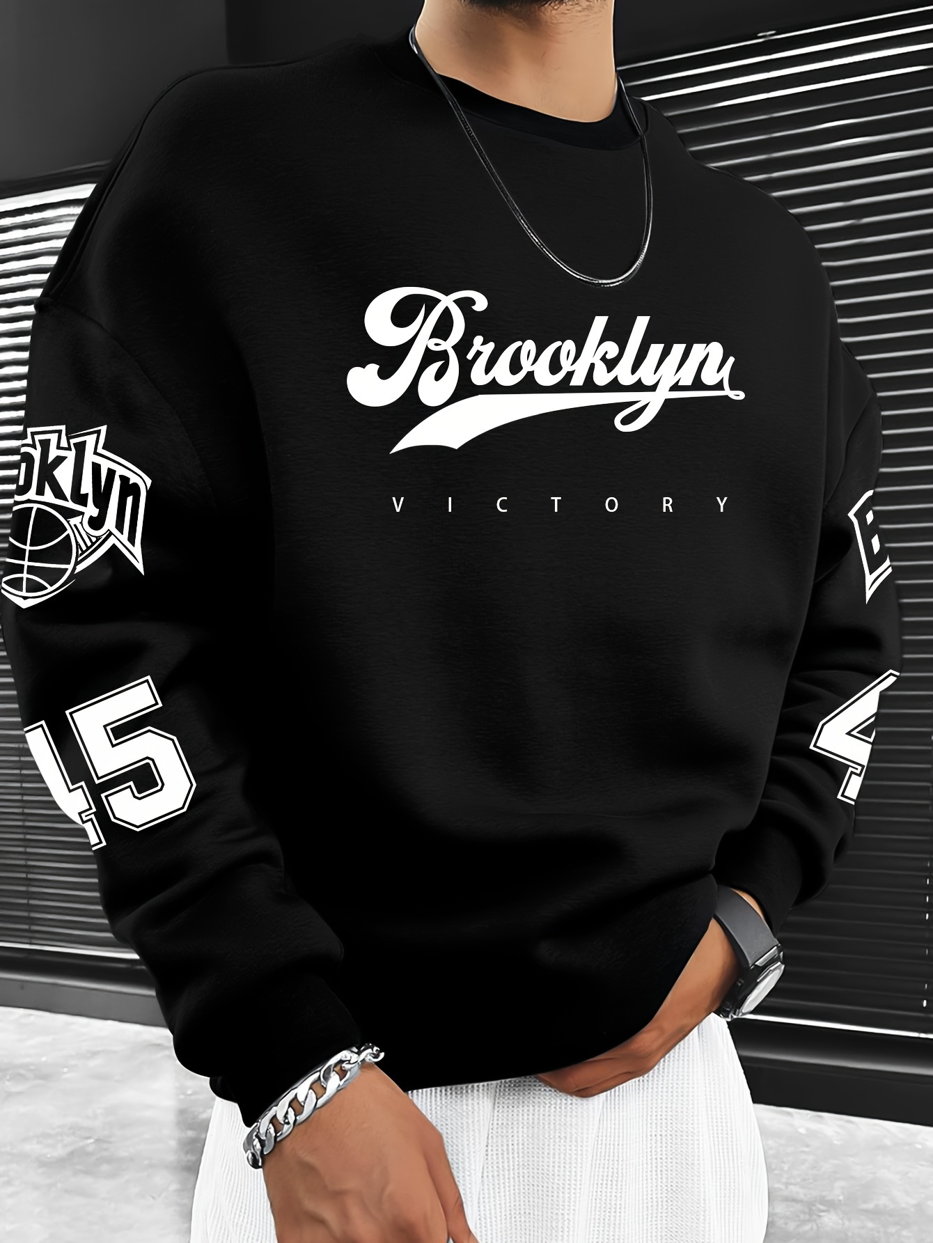 Men'S Casual Brooklyn Victory Graphic Crew Neck Sweatshirt - 100% Polyester Knit Non-Stretch Fabric Loose Fit Pullover