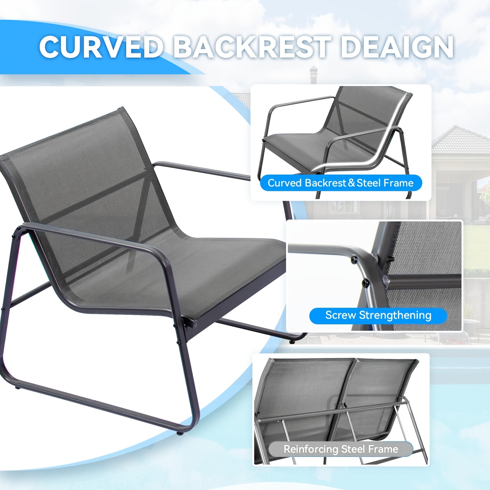 Patio Furniture Outdoor, Outdoor Patio Furniture Set Poolside Lawn Chairs Tempered Glass Coffee Table Garden Conversation Sets Loveseat Porch Textilene Fabric Black Or Grey (4 Pieces )