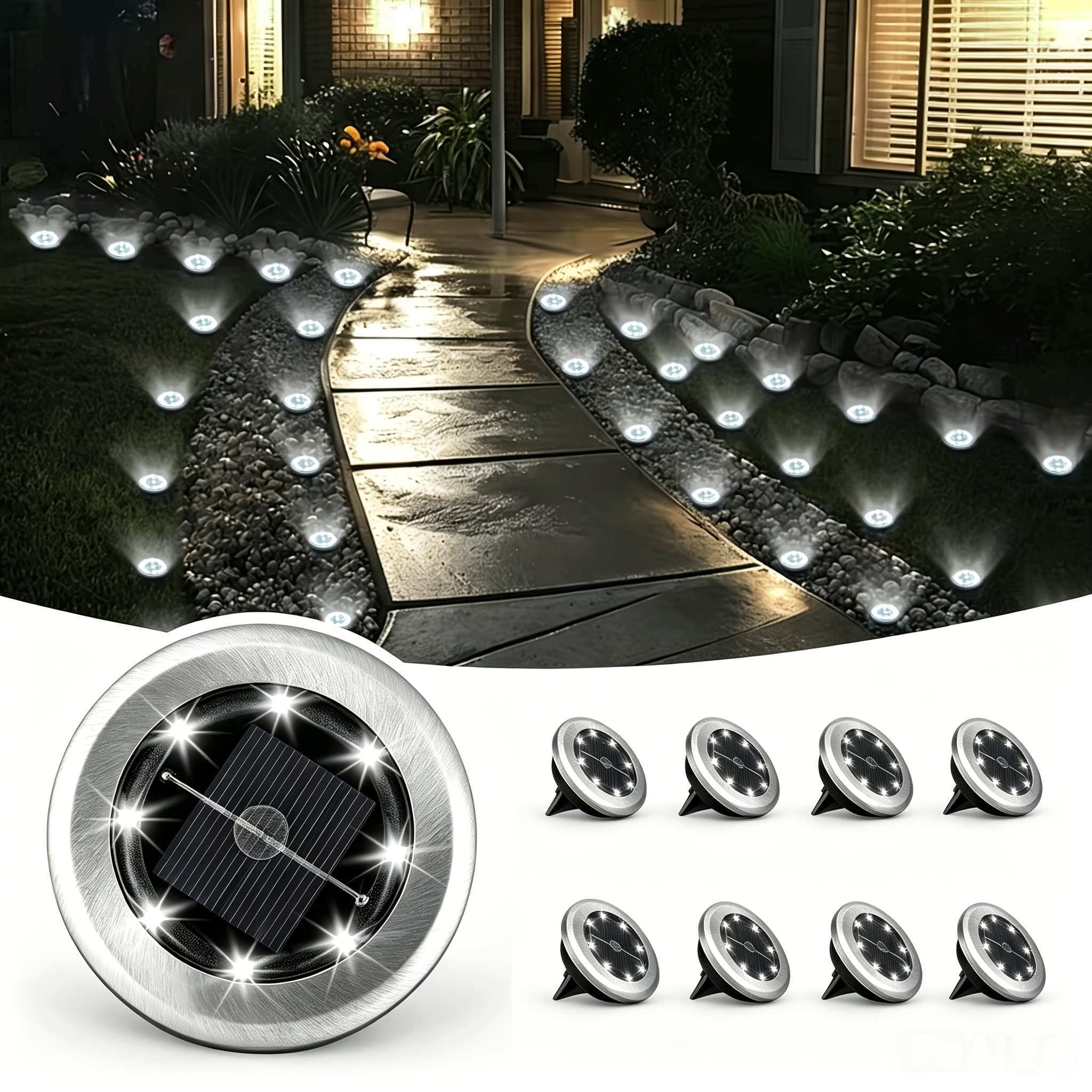 4/8/16 Pack 8 LED Stainless Steel Solar Ground Lights, IP55 Outdoor Landscape Lamps, Cool/Warm White for Lawn Courtyard Balcony Pathway Walkway