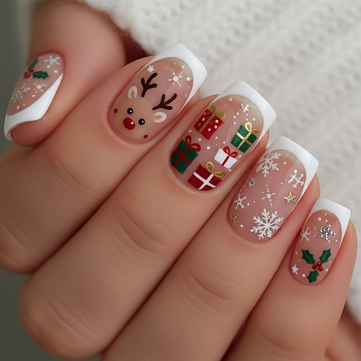 TEMU 24pcs Jellyqueen Christmas Press-on Nails Suitable For Daily & Party Use, Short Square French Tip With Reindeer & Snowflake Design, White Winter