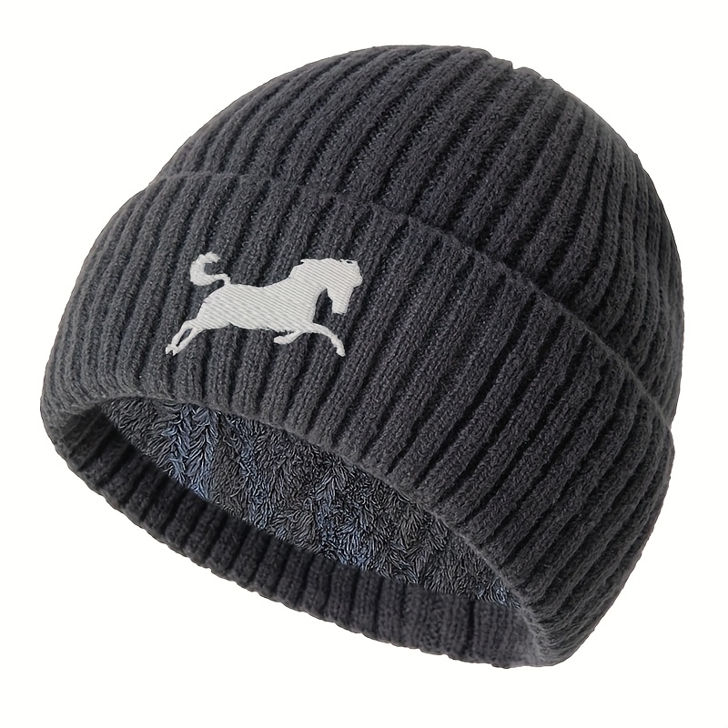 TEMU A Unisex White Horse Embroidered -lined Thickened Warm Hat, A Stylish Solid-color Brimless Beanie Soft And Comfortable For Men And Women, An