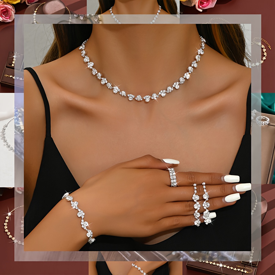 E-shop Ein stilvolles Hochzeits-Schmuckset mit Halskette, Ohrringen, Armband und Ring, elegant glänzend und glamourös, für Frauen zum Tragen bei