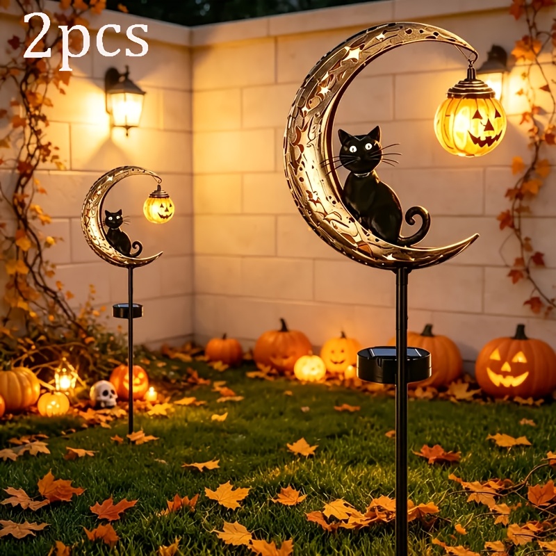 TEMU [ 3d ] 2pcs Solar Courtyard Lights, Outdoor Ip65, Outdoor Halloween Decoration, Halloween Black Cat And Stump, Crescent Black Cat And Hanging