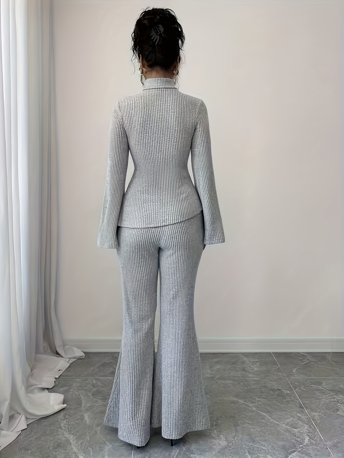 womens autumn winter fleece lined high neck asymmetrical hem long sleeve pants suit elegant solid   Product details 0