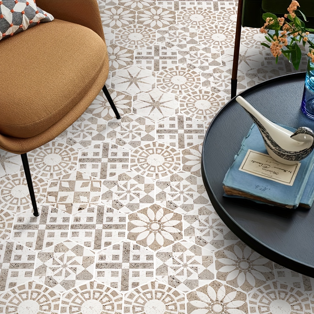 

Vinyl Hexagon Peel And Stick Floor Tiles - 11pcs Moroccan Pattern Self-adhesive Non-slip Tile Stickers For Diy Home Decor