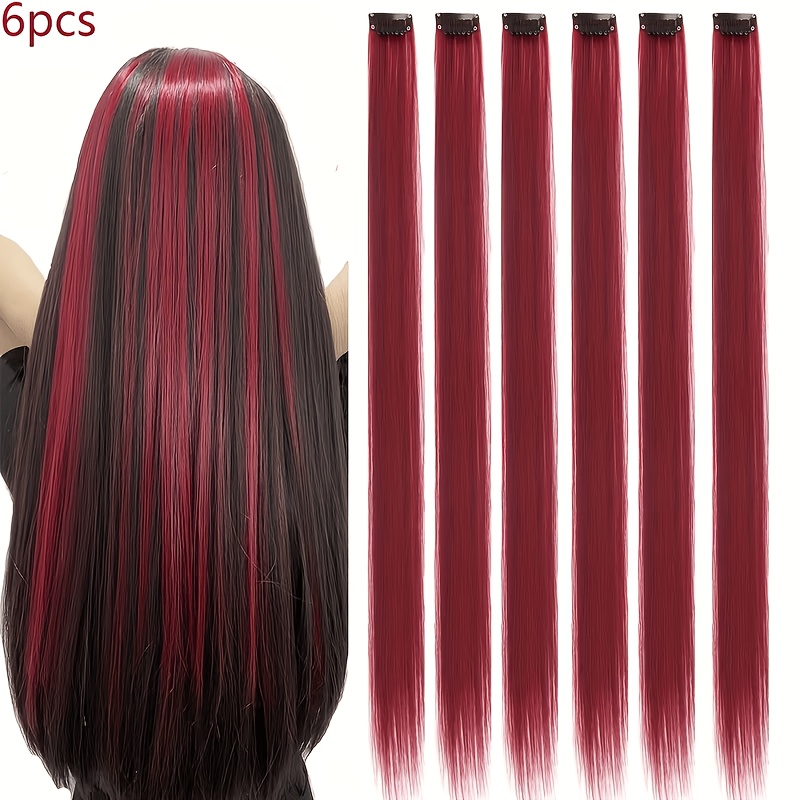 TEMU 6pcs Set Of Burgundy Clip-in Hair Extensions, Long Straight Hair Pieces, Clip-on Synthetic Hair Extensions, Halloween Role-playing Dress-up,