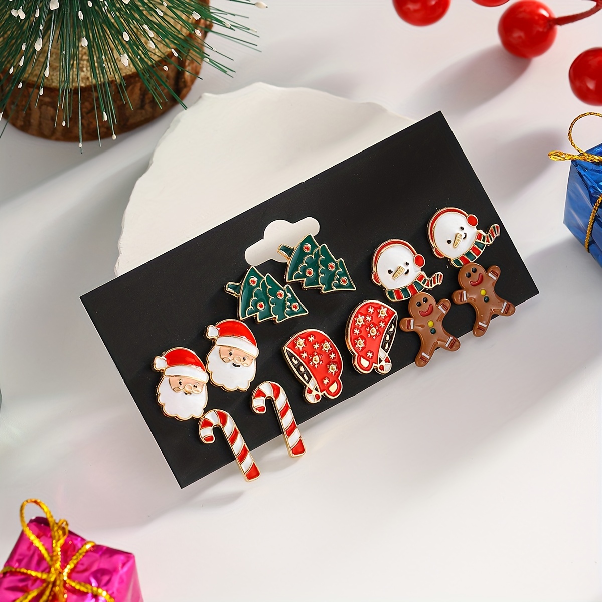 

12pcs Christmas Earring Set - Tree, Snowman, Reindeer & Candy Designs With Stainless Steel Posts For Holiday Parties