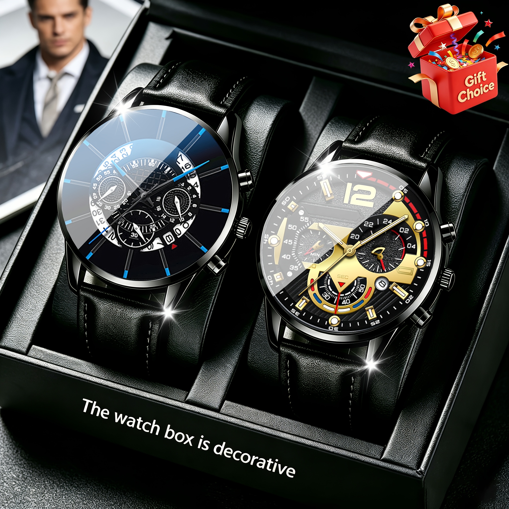 Image of 2pcs Exquisite Light Luxury Business Men's Quartz Watch Set, Fashionable And Overbearing Design With Multi-element Matching, Casual Party Gift Self-use High Quality