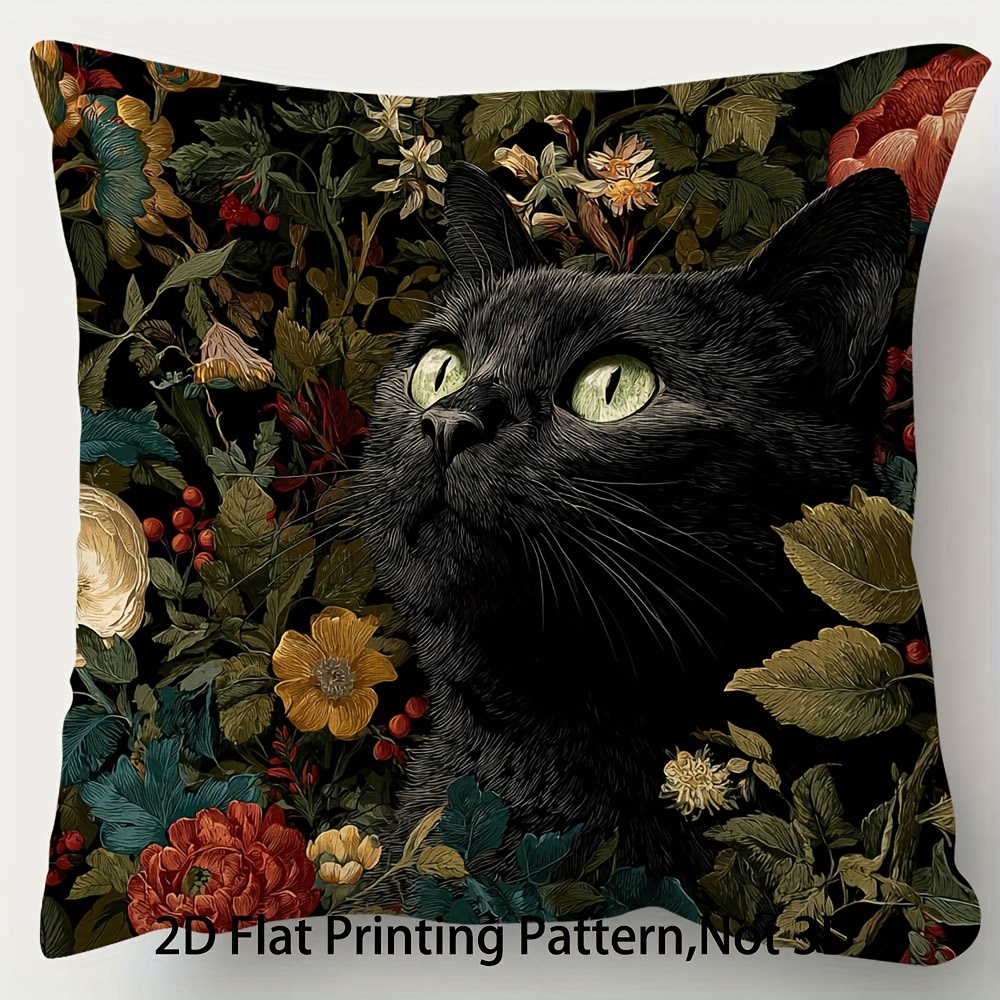 TEMU 1pc 2d Flat - 2d Flat Printed Double-sided Decorative Pillow Cover, Featuring A Black Cat And Plant Design In A Vintage Style, Measuring 45.72cm
