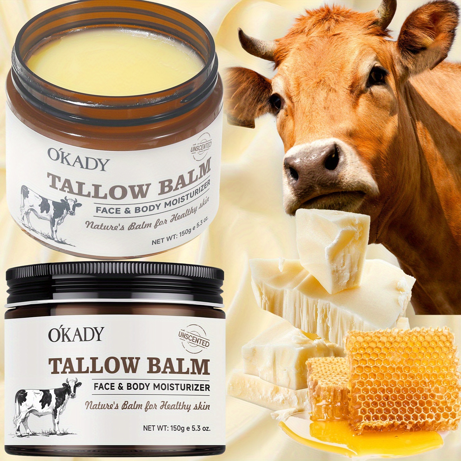 TEMU 2pcs Baume de Graisse de Bœuf - 150g | de Bœuf d'Élevage Naturel + Crème Hydratante Nourrissante en Profondeur au Miel Local, Lotion Visage et