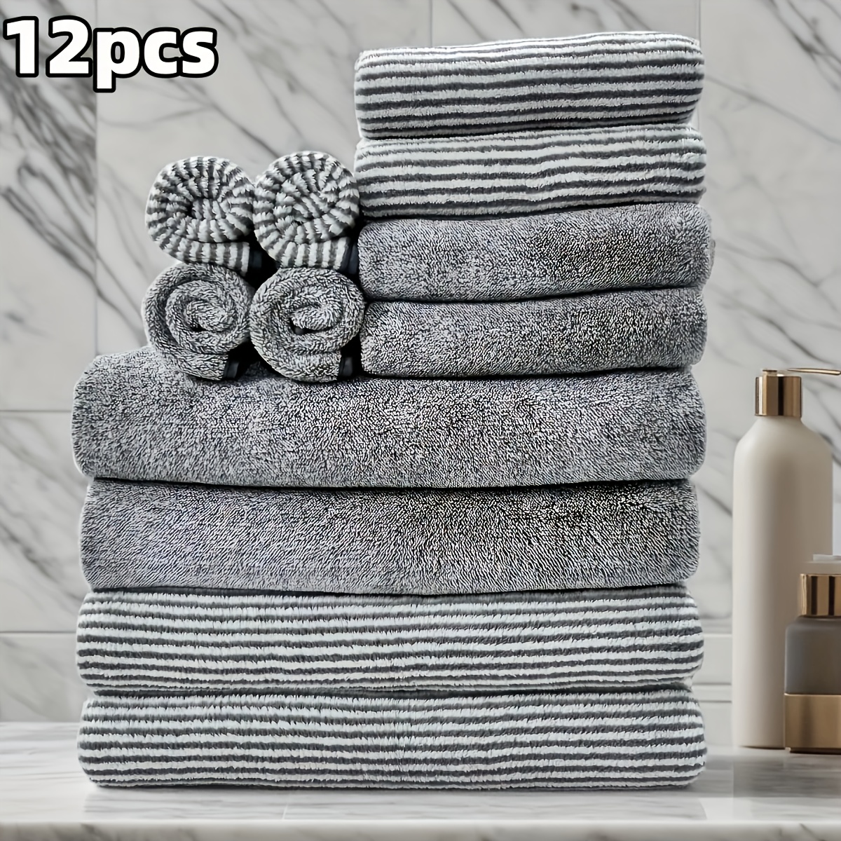 TEMU 12pcs Solid Color Towel Set, 4 Bath Towels & 4 Hand Towels & Towels, Household Microfiber Towels, Soft Bath Towel Set, Absorbent Towels For