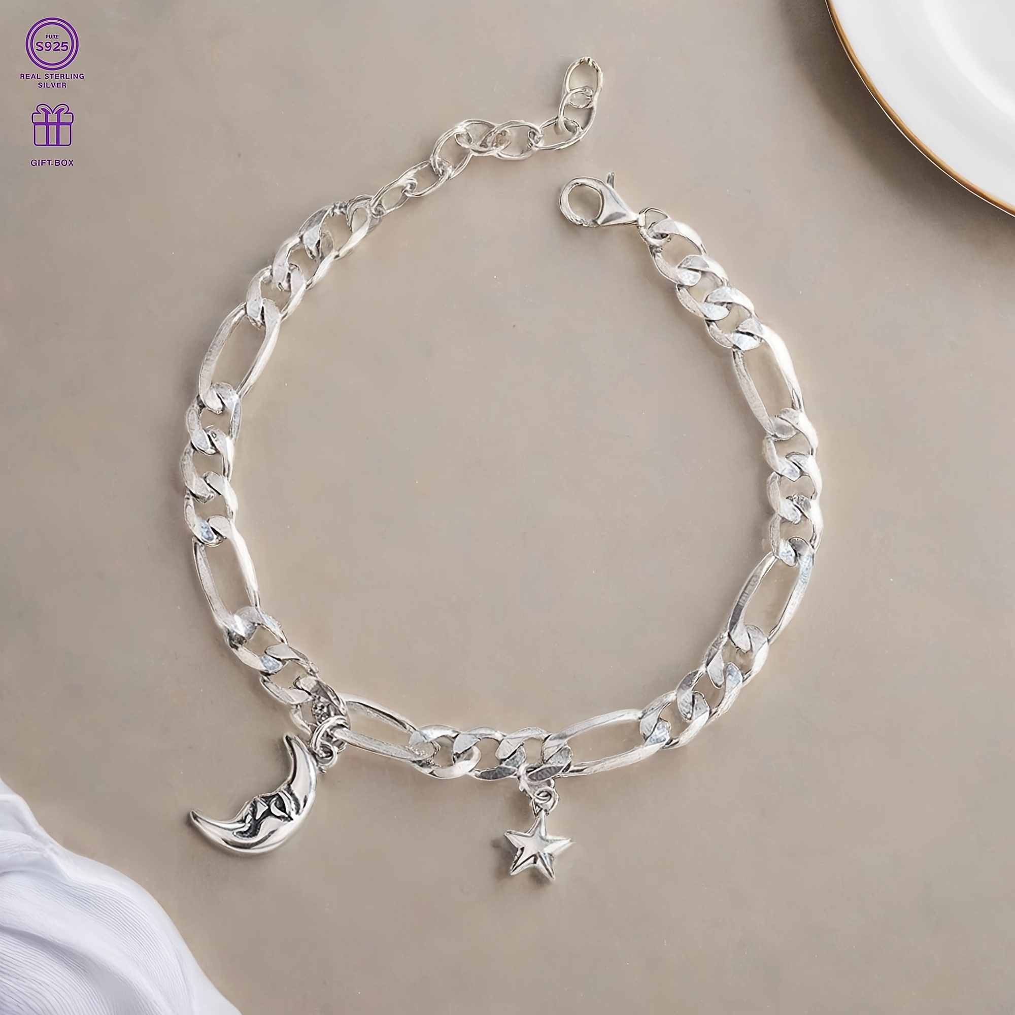 S925 Silver Moon & Stars Pendant Bracelet
