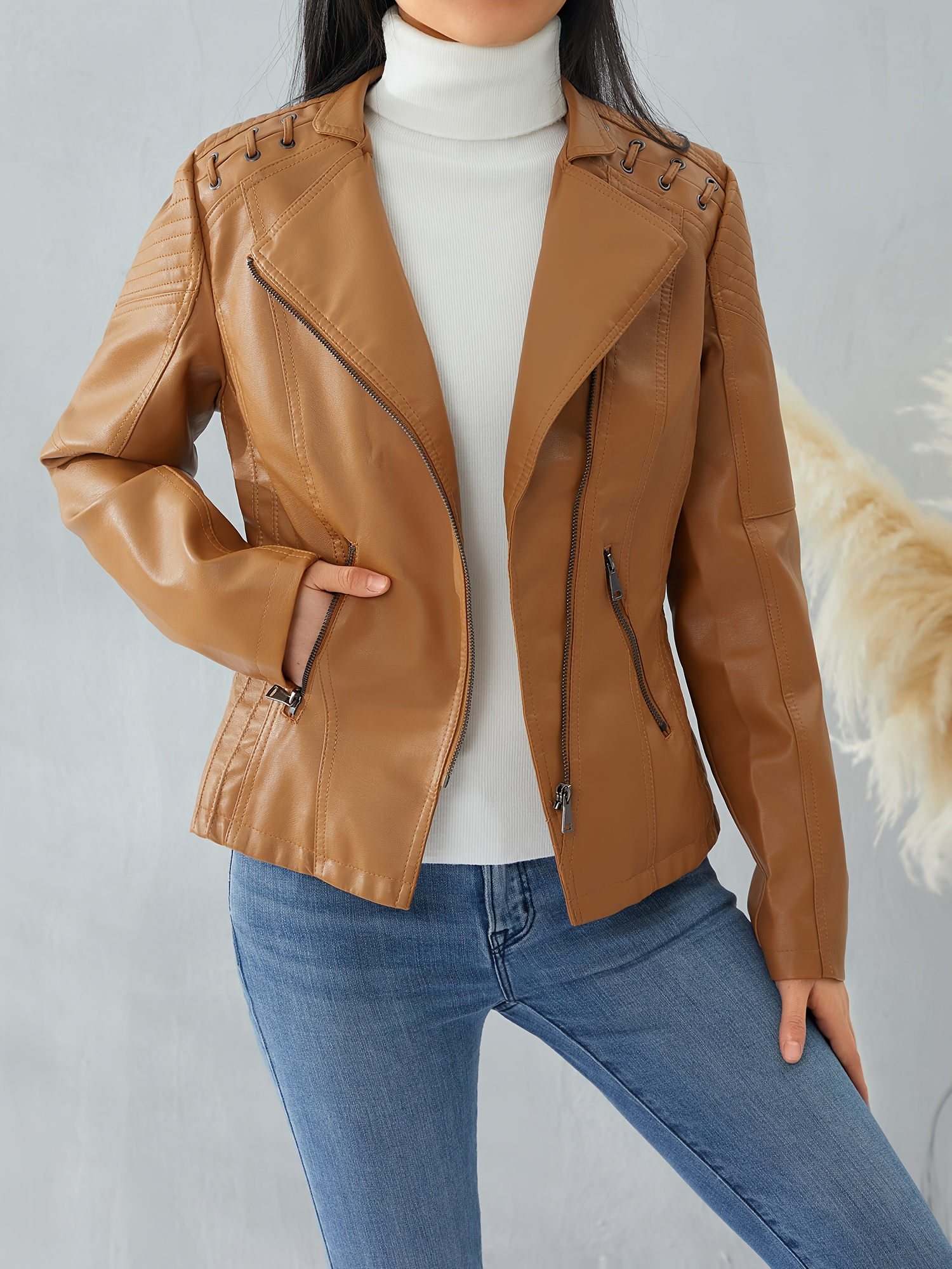 Simili Cuir Synonyme Veste Courte Femme Simili Cuir - Style Blouson Motard - Fermeture Éclair Métal - Taille Cintrée Veste Simili Cuir Femme