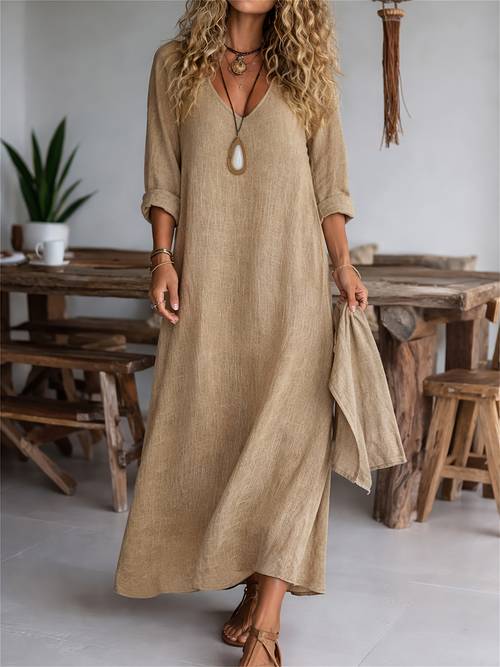 womens v neck long sleeve solid color casual loose dress