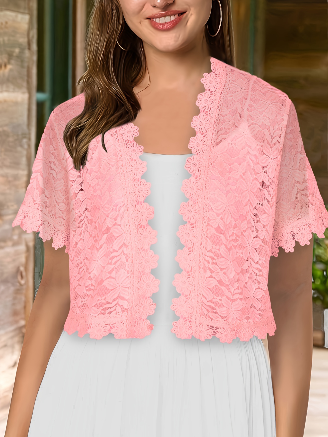 Women'S Elegant Yellow Lace Short Sleeve Cardigan - Sheer V-Neck, Short Length, All-Season Wear, Perfect for Formal Events and Casual Attire, Formal Attire|Elegant Lace Design|Sheer Fabric, Lace Coverup