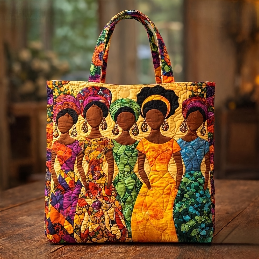 Image of African Quilted Tote Bag - Large Capacity Ethnic Multicolor Carryall With Wrist Strap, Machine Washable Suitable For Commuting, Travel, Shopping, Casual Handbag, African Print, Bag For Daily Use