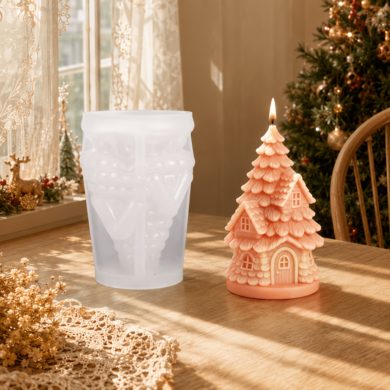 TEMU Christmas Silicone Mold Suitable For Candles, Resin Crafts & Soap Making - Themed Demolding Mold With Cabin, Branches & Log, Diy For Epoxy Resin