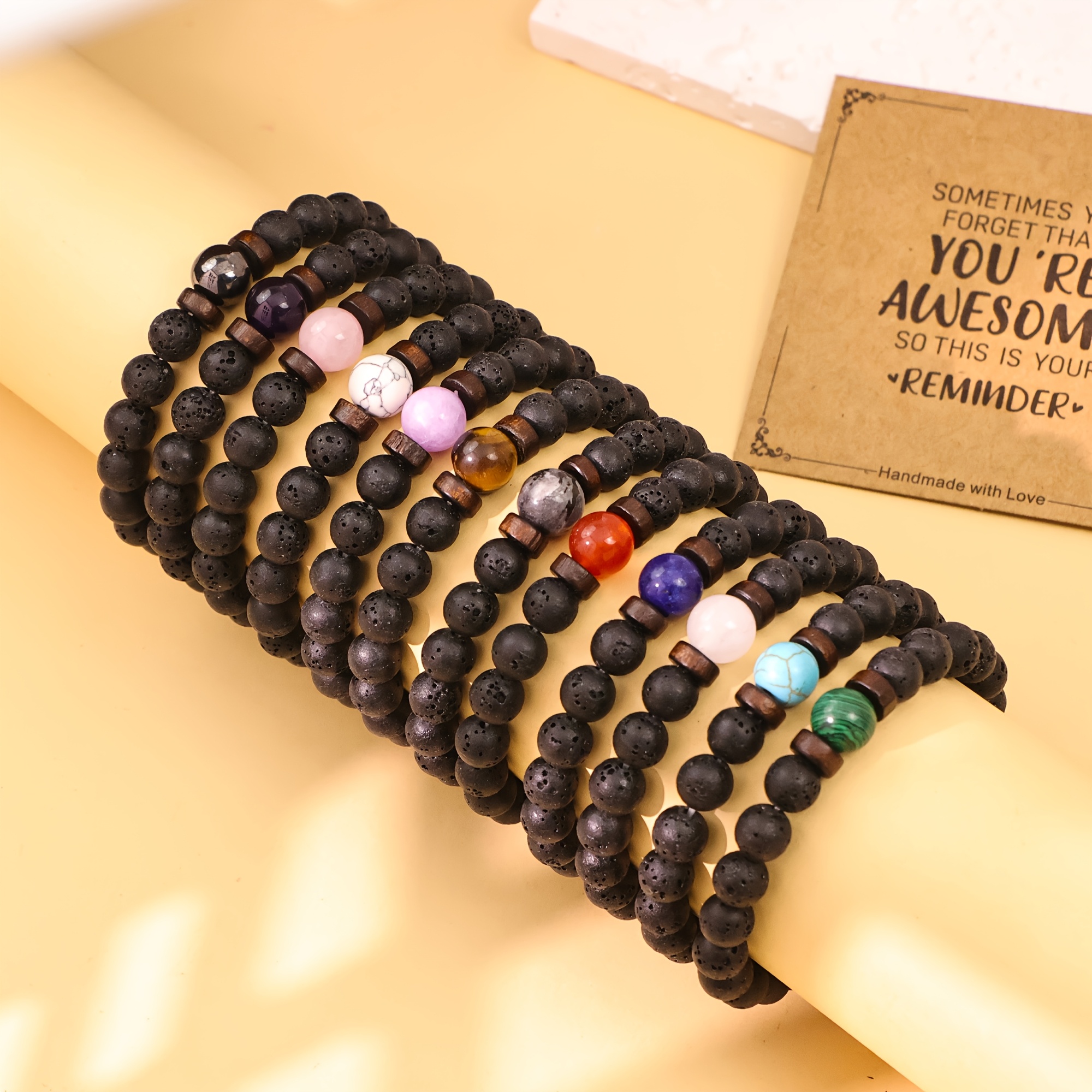12pcs Vintage Black Natural Stone Bracelet Set